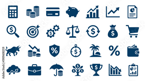 Collection of business and finance icons representing growth investment strategy and financial success with symbols for money profit and planning
