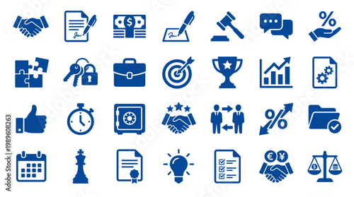 Collection of blue business and finance icons representing concepts like success strategy agreement teamwork and investment on a white background