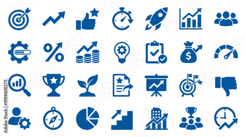 Collection of blue business and finance icons representing growth strategy success and analytics for modern corporate concepts