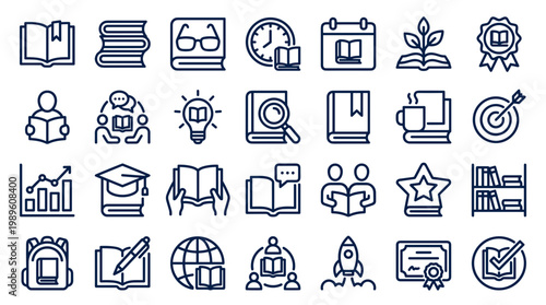 Collection of educational icons representing learning books knowledge and success symbols for online courses and academic achievement