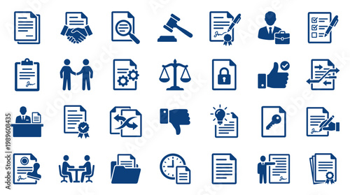 Collection of business and legal icons representing contracts agreements documents and legal proceedings with a professional and modern aesthetic