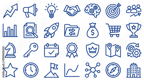 Collection of business and finance icons representing growth strategy success and planning concepts with a clean blue outline on white background