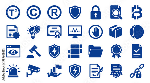 Collection of blue icons representing security legal protection and business concepts on white background