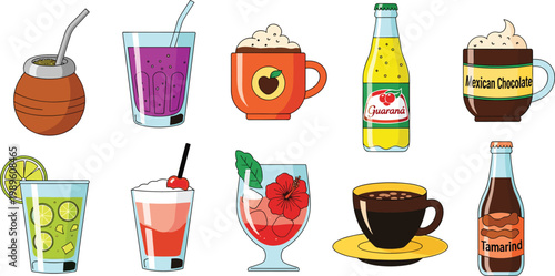 Global Cultural Beverage Vector Icon Set Featuring Yerba Mate Guaraná Soda Mexican Hot Chocolate Tamarind Juice and Tropical Cocktails for International Cafe Menus and Travel Designs