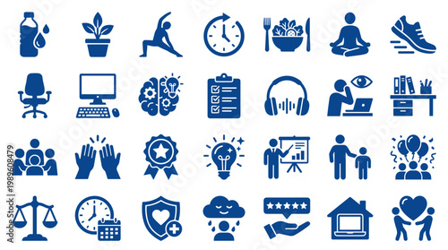 Collection of blue icons representing business health wellness technology and lifestyle concepts on white background