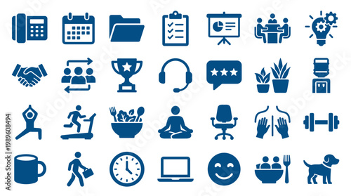 Collection of modern flat icons representing business, health, and lifestyle concepts, perfect for web design and presentations