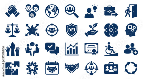 Diverse Teamwork and Inclusion Icons Representing Business Growth Collaboration and Social Responsibility Concepts