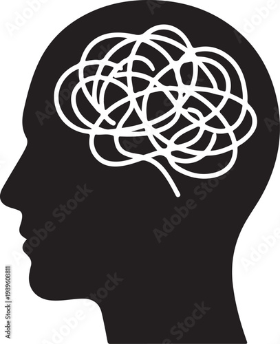 Silhouette profile of a human head with a tangled mess representing confused thoughts black and white mental state