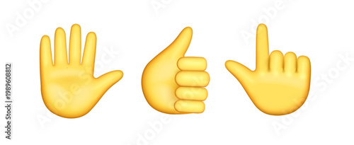 Hand showing thumb up and open palm gesture. Vector 3D approval sign and stop or greeting signals. Non verbal communication, feedback and body language concept. Infographics and educational materials