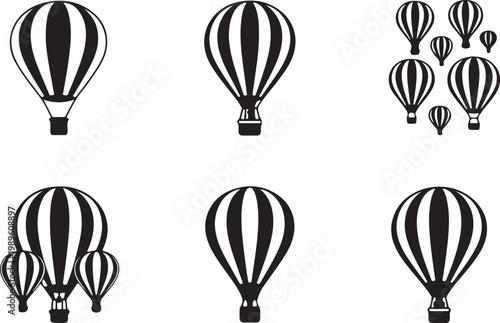 Hot air balloons solo in festivals silhouette icon set, using flat filled black color symbol, editable vector illustration design