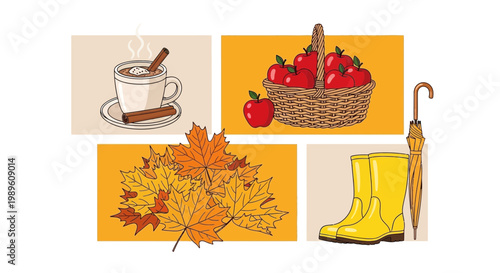 Flat design vector illustration of autumn harvest season featuring warm drinks, ripe fruit baskets, and cheerful fall foliage