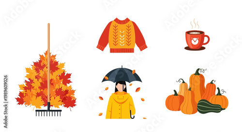 Flat design vector illustration of autumn season celebration with colorful foliage and harvest pumpkins in warm outdoor light