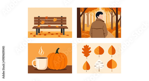 Flat design vector illustration of autumn season lifestyle enjoying warm drink outdoors with colorful falling leaves in fall woods