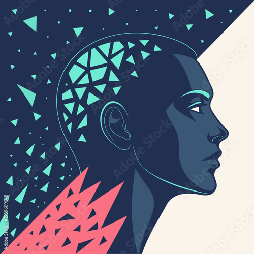 Profile of a man with abstract geometric head decomposing artificial intelligence science fiction geometric abstract decomposing fragmented technology illustration background creativity