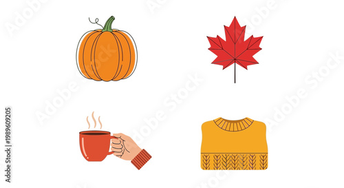 Flat design vector illustration of autumn harvest symbols including pumpkin leaf and warm drink in cozy lifestyle setting