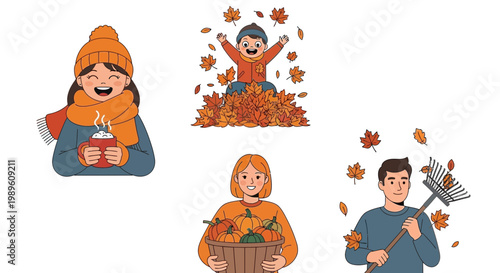 Flat design vector illustration of autumn season celebration featuring happy people enjoying fall foliage and seasonal activities in warm light