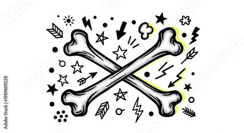 Crossed Bones Illustration with Doodle Elements.