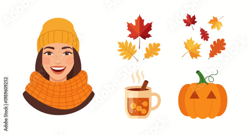 Flat design vector illustration of autumn season lifestyle featuring warm clothing and festive harvest elements