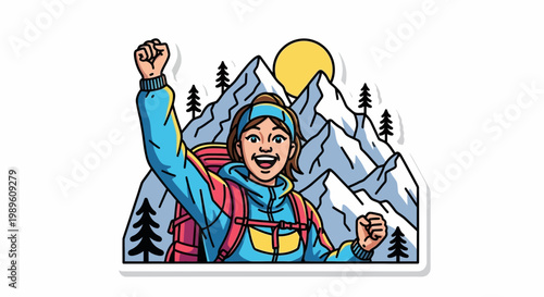 Flat design vector illustration of happy hiker celebrating success in snowy mountain landscape with bright sunlight and adventure lifestyle