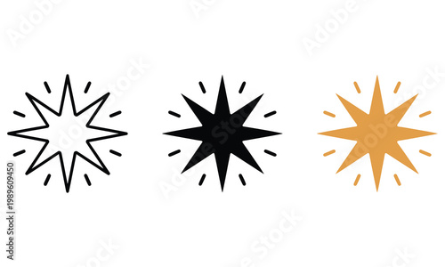 Collection of starburst explosion icons in black, gold, and line art on white background