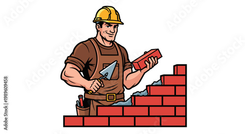 Professional Mason Builder Vector Illustration of a Construction Worker Laying Red Bricks with a Trowel in a Skilled Manual Labor and Building Industry Concept Graphic