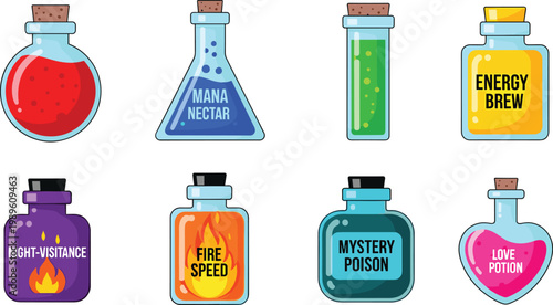 Magic Fantasy Potion Bottle Vector Icon Set Featuring Health Mana Energy Brew Mystery Poison and Love Potions for RPG Gaming UI and Fantasy Illustration Designs