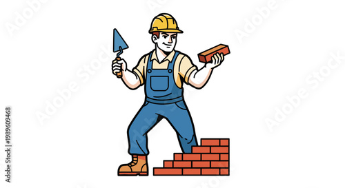 Professional Mason Builder with Trowel and Brick Vector Illustration, Construction Worker Character Mascot for Building Industry and Home Renovation Projects