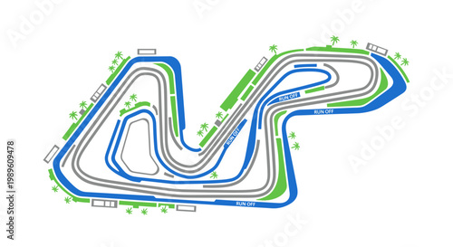 Professional Race Track Circuit Map Vector Illustration, Flat Design Style Graphic for Motorsport Competition Layout and Racing Circuit Planning Concept