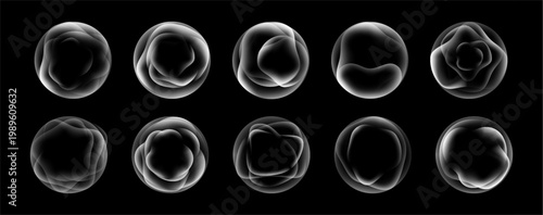 Three dimensional monochrome orbs with gradient glow and fluid structure. Vector spherical contours set with reflective glass. Digital artwork and branding highlight, creative composition elements