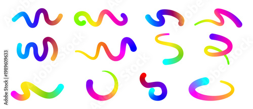 Expressive gradient brush swirls set. Vector crisp flowing strokes with smooth tonal shift. Branding accent and digital composition, poster detail, interface decoration and contemporary creative art