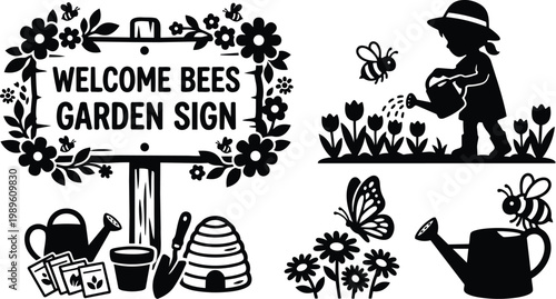 Line art garden scene with welcome bees sign and girl watering flowers