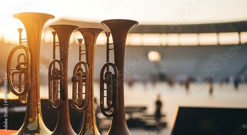 Brass marching band instruments gleaming in golden sunset light before a stadium performance with blurred crowd in background