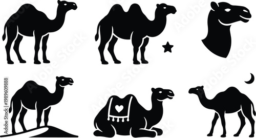 Silhouette line art of camels in desert set