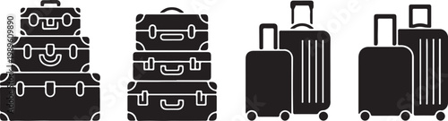 Luggage stack icon set, flat black vintage trunks mixed with modern suitcase vector design