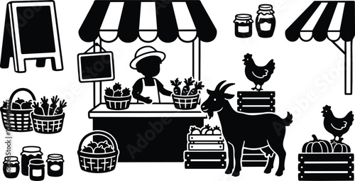 Vector market stall scene with farmer goat chickens crates baskets produce vendor