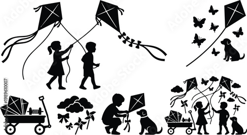 Children kite scene vector art with dog and wagon in outdoor yard