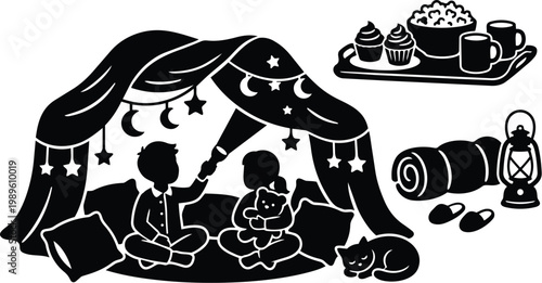 Cozy camping sleepover in tent with teddy bear and cat night scene