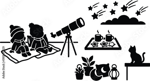 Silhouette scene of children stargazing with telescope and cat on a terrace