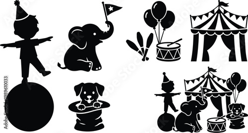 Circus silhouettes with tent drums balloons elephant dog and clown in bold vector art