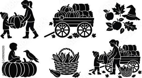 Autumn harvest scene with children bagging pumpkins and cart full of pumpkins corn basket and fallen leaves