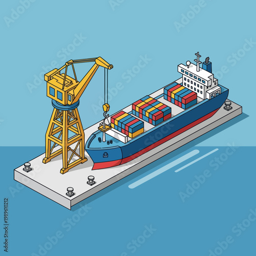 Isometric Illustration of Cargo Ship Being Loaded at Dock.