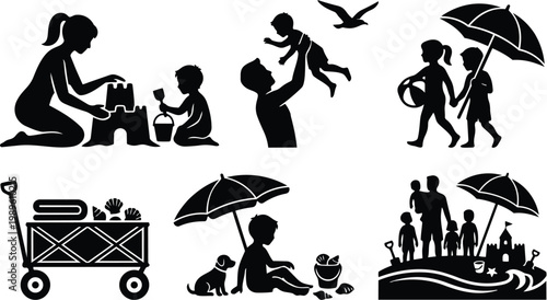 Children playing on the beach with sandcastle umbrella and wagon in sunny summer scene