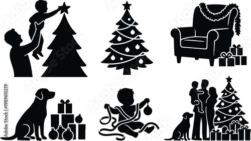 Christmas family decorating tree with dog and gifts in vector silhouettes holiday scene