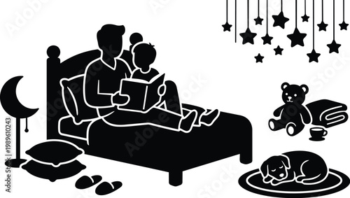 Cozy bedroom silhouette reading scene