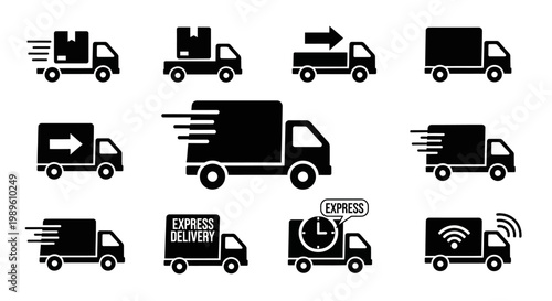 Delivery Truck Icons Set in Motion with Express Symbols