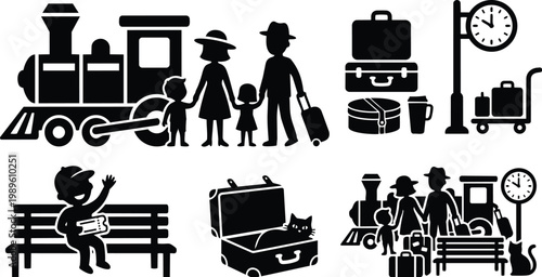 Travelers with luggage at train station scene