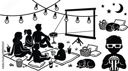 Outdoor family movie night with string lights and projector