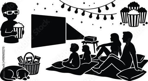 Silhouette of a family at a backyard outdoor movie night with popcorn and string lights