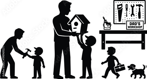 Silhouette family workshop scene building birdhouse with dad and kids in tool shed