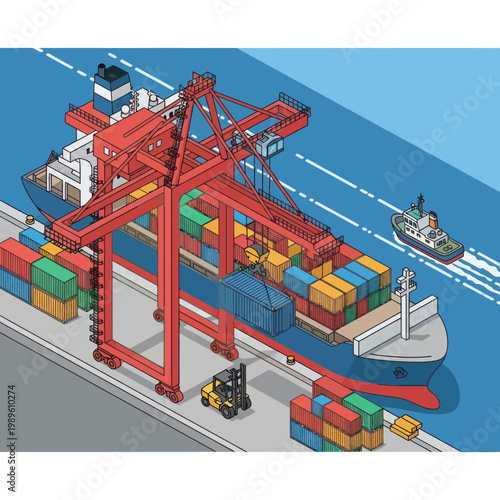Container Ship Unloading with Crane and Forklift Illustration.